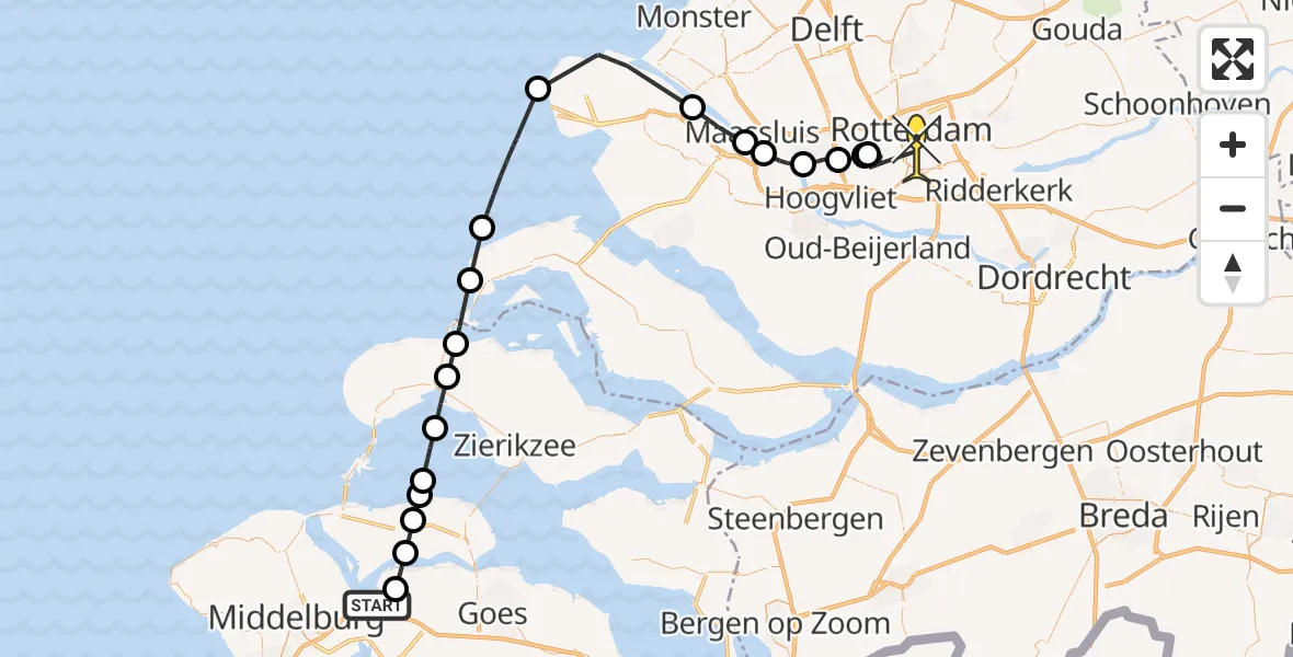 Routekaart van de vlucht: Kustwachthelikopter naar Rotterdam, Calandweg