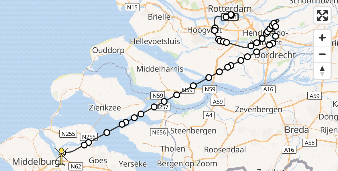 Routekaart van de vlucht: Kustwachthelikopter naar Vliegveld Midden-Zeeland, Nieuwe Maas