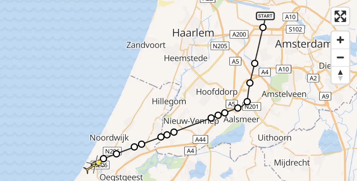 Routekaart van de vlucht: Lifeliner 1 naar Katwijk, Nieuw-Zeelandweg