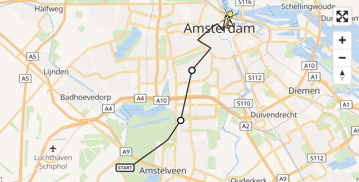 Routekaart van de vlucht: Politiehelikopter naar Amsterdam, Nieuwe Kalfjeslaan