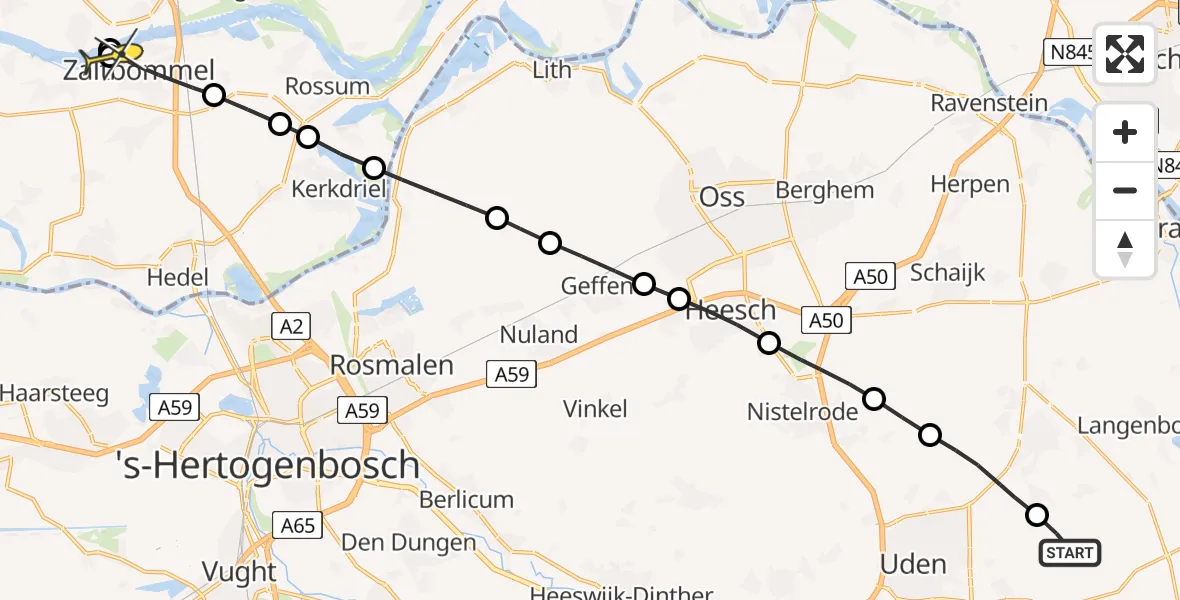 Routekaart van de vlucht: Lifeliner 3 naar Zaltbommel, Achter-Oventje