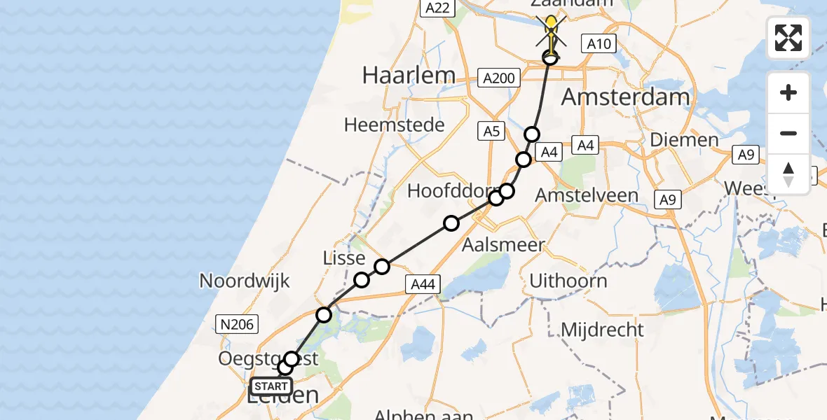 Routekaart van de vlucht: Lifeliner 1 naar Amsterdam Heliport, Oegstgeesterweg