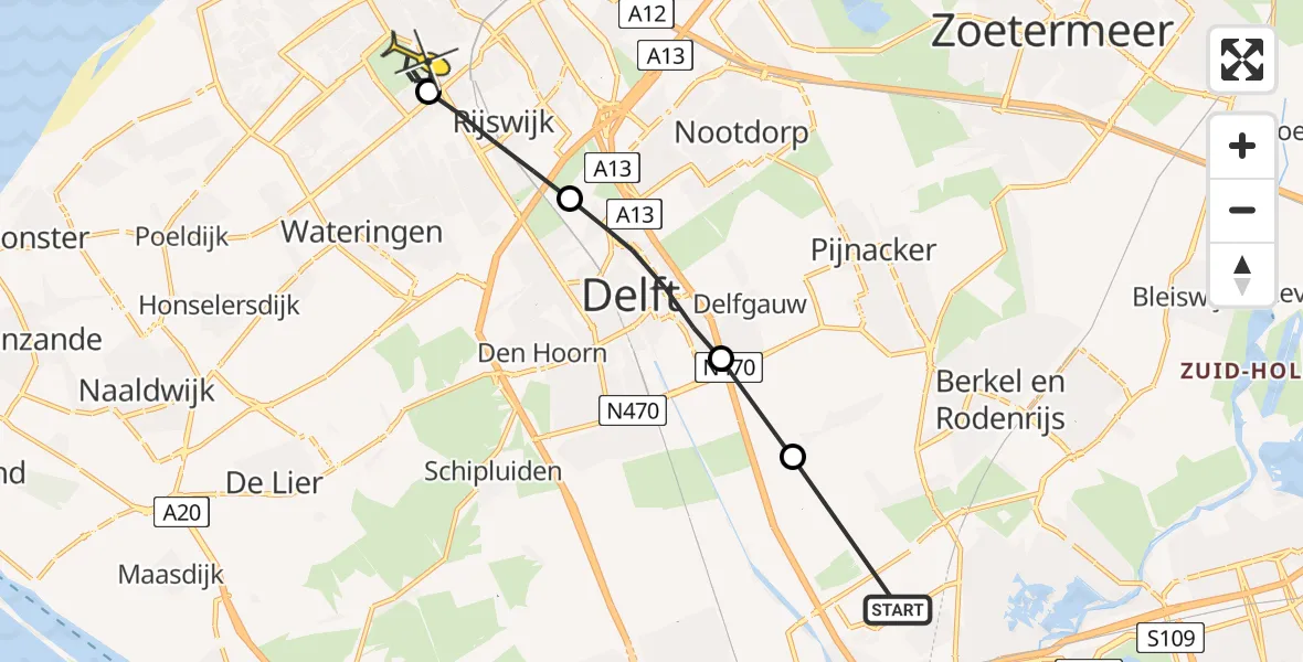 Routekaart van de vlucht: Lifeliner 2 naar Den Haag, Ackersdijkseweg