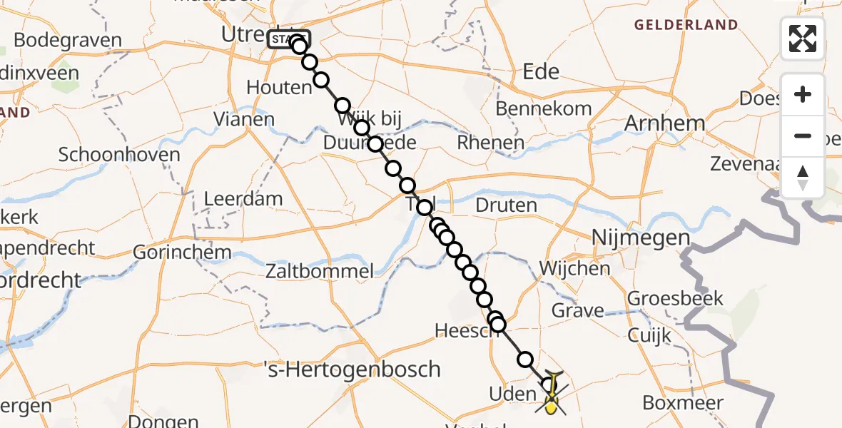 Routekaart van de vlucht: Lifeliner 3 naar Vliegbasis Volkel, Yalelaan