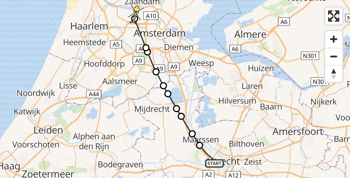 Routekaart van de vlucht: Lifeliner 1 naar Amsterdam Heliport, Vleutenseweg