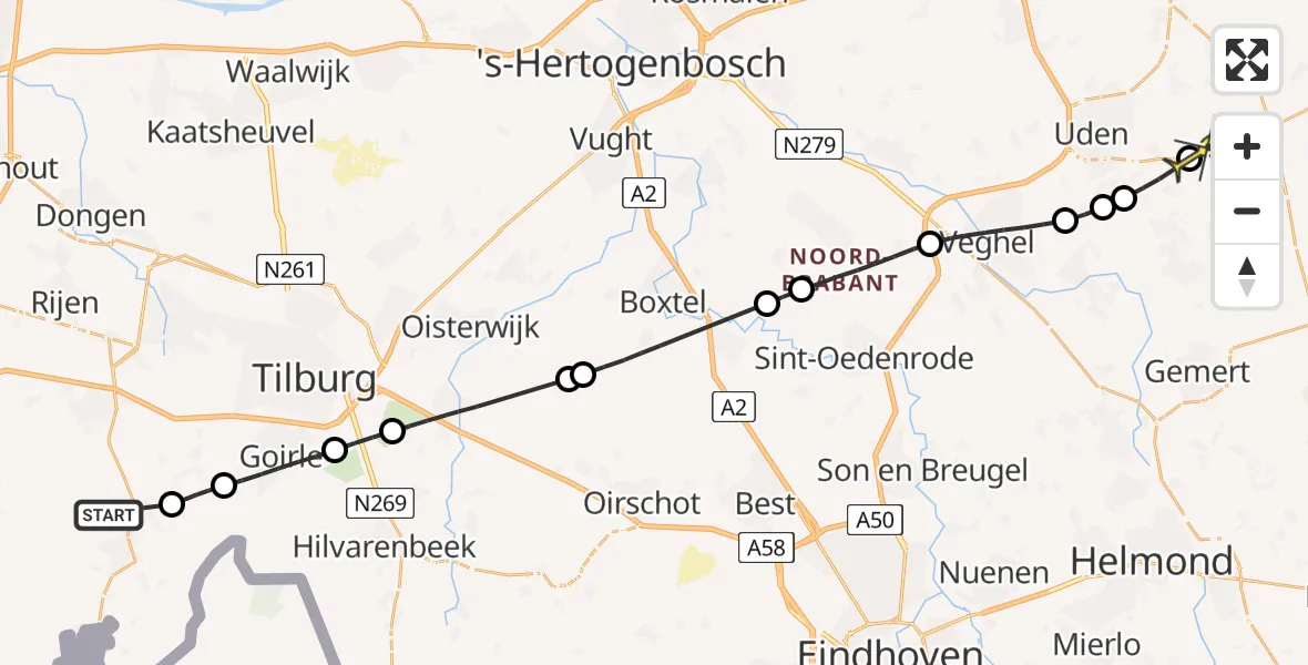 Routekaart van de vlucht: Traumaheli naar Vliegbasis Volkel, Bels Lijntje