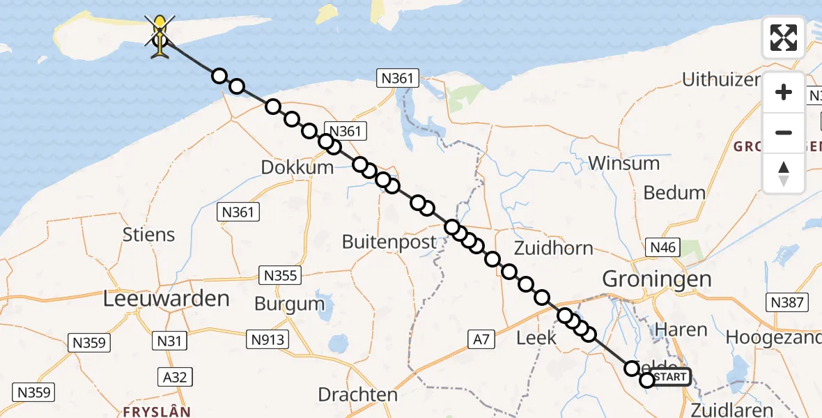 Routekaart van de vlucht: Lifeliner 4 naar Nes, Veldkampweg