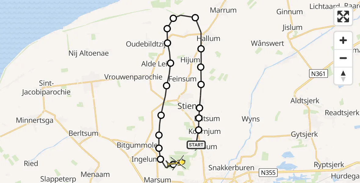 Vluchtroute Ambulancehelikopter van Vliegbasis Leeuwarden naar Vliegbasis Leeuwarden