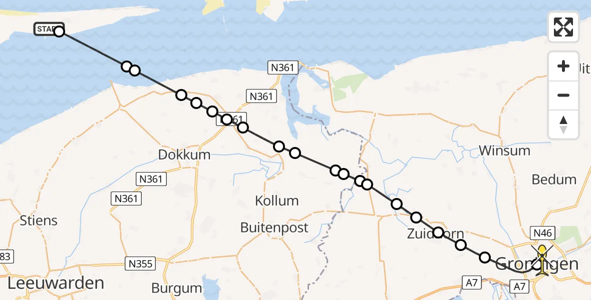 Routekaart van de vlucht: Lifeliner 4 naar Universitair Medisch Centrum Groningen, Bargekopsweg