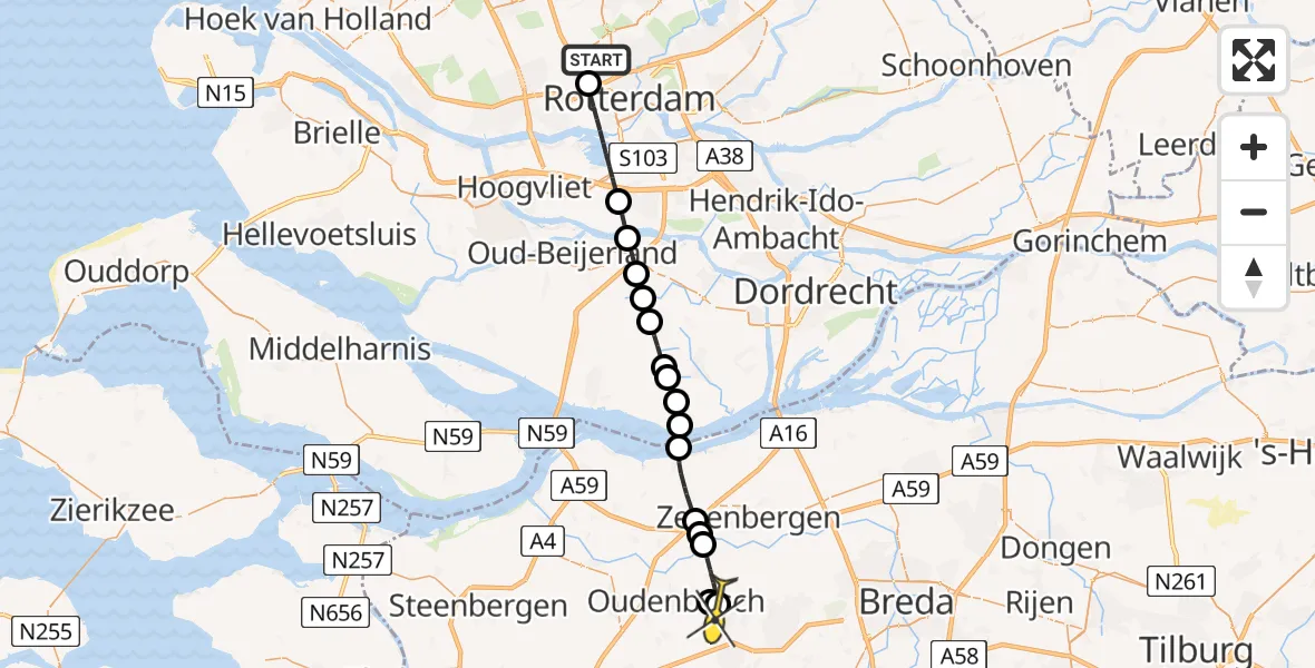 Routekaart van de vlucht: Lifeliner 2 naar Hoeven, Schipholstraat