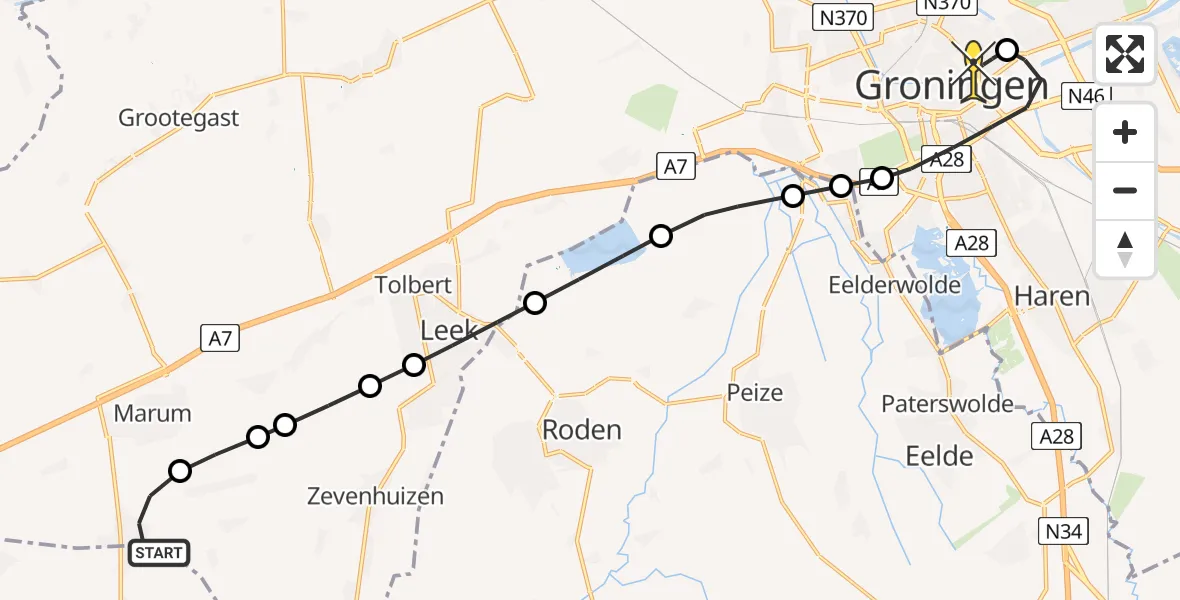 Routekaart van de vlucht: Lifeliner 4 naar Universitair Medisch Centrum Groningen, Commissieweg