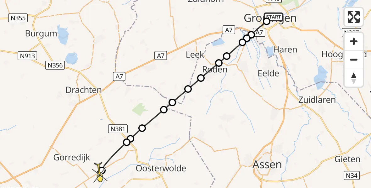 Routekaart van de vlucht: Lifeliner 4 naar Jubbega, Zuiderhaven