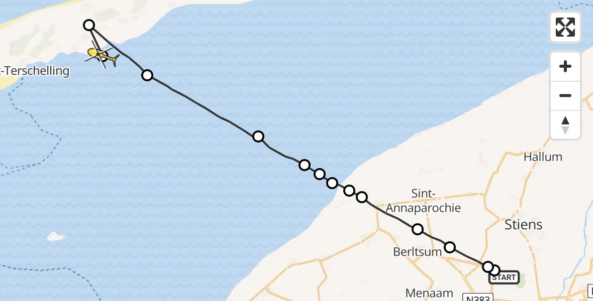 Routekaart van de vlucht: Ambulancehelikopter naar Formerum, Dyksterhuzen