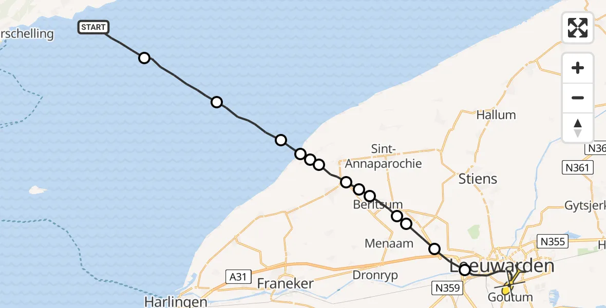 Routekaart van de vlucht: Ambulanceheli naar Leeuwarden, Borniastraat
