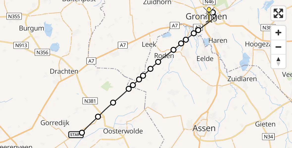 Routekaart van de vlucht: Lifeliner 4 naar Universitair Medisch Centrum Groningen, Freulewei