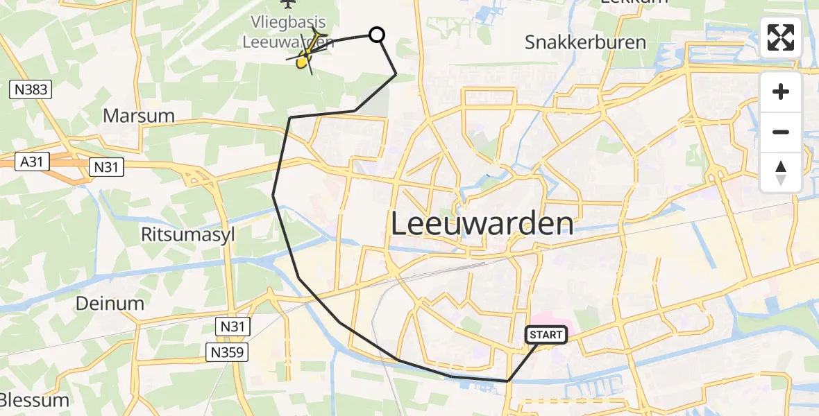 Vluchtroute Ambulancehelikopter van Leeuwarden naar Vliegbasis Leeuwarden