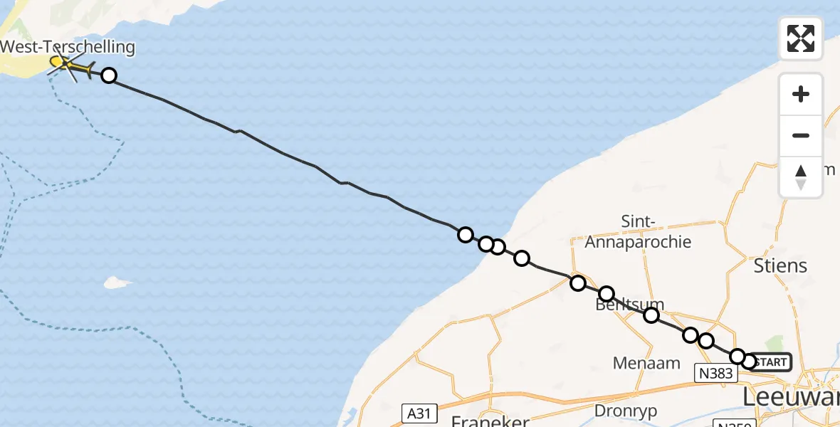 Routekaart van de vlucht: Ambulanceheli naar West-Terschelling, Sasker van Heringawei