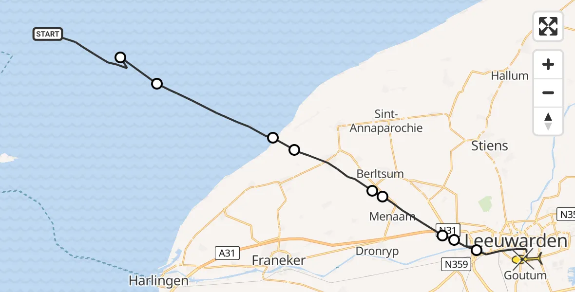 Routekaart van de vlucht: Ambulanceheli naar Leeuwarden, Aldlânsdyk