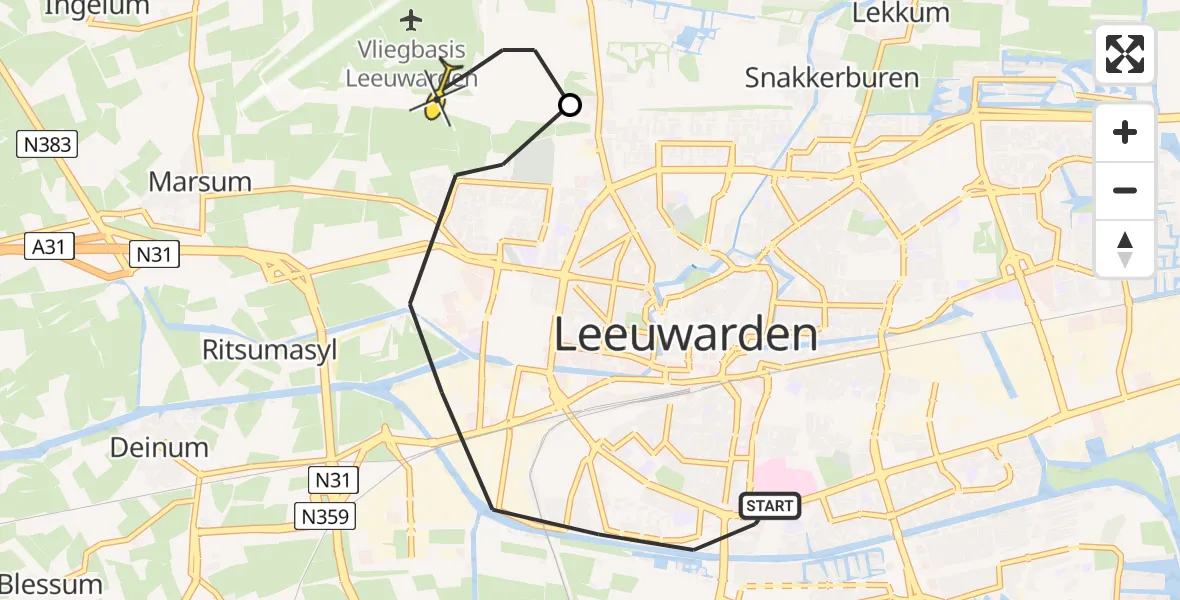 Routekaart van de vlucht: Ambulancehelikopter naar Vliegbasis Leeuwarden, Nijlânsdyk