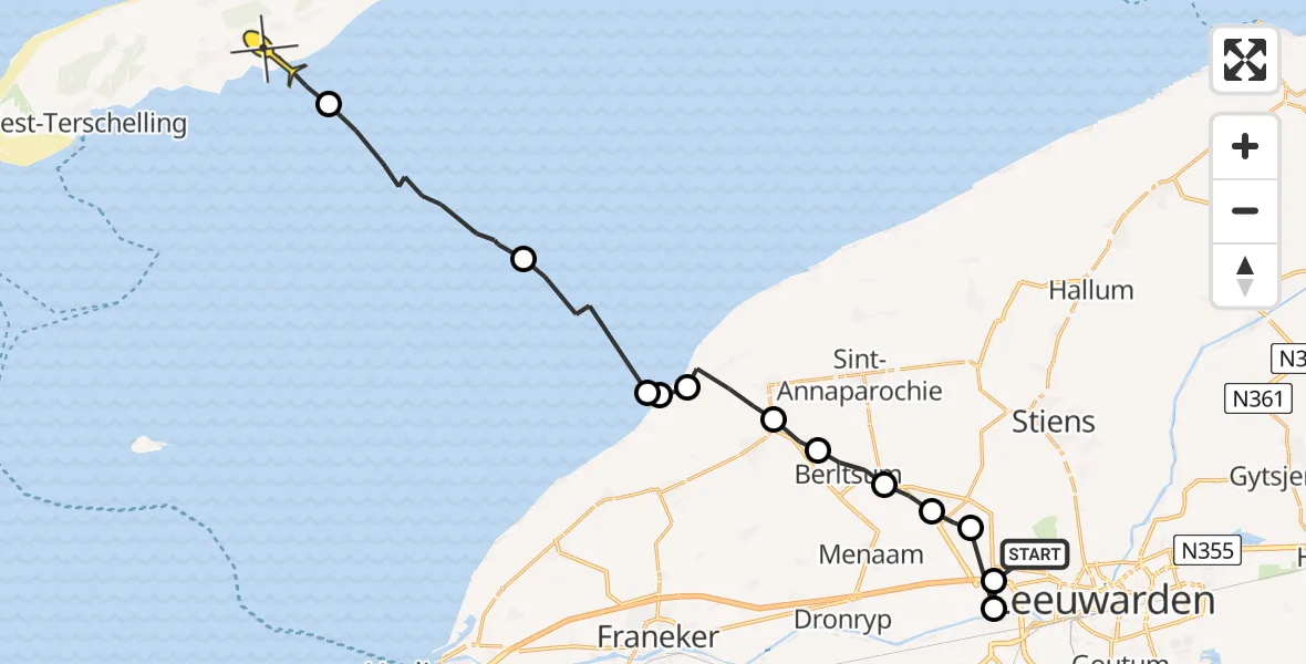 Routekaart van de vlucht: Ambulanceheli naar Formerum, Waadseewei