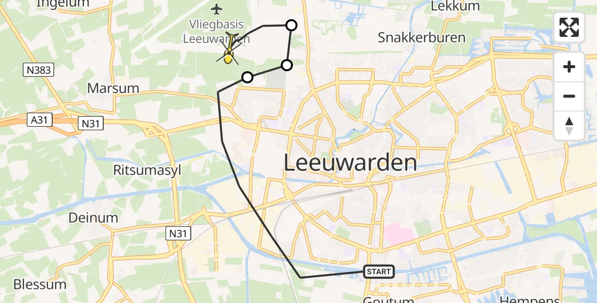 Vluchtroute Ambulancehelikopter van Leeuwarden naar Vliegbasis Leeuwarden