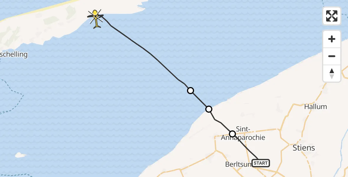 Routekaart van de vlucht: Ambulanceheli naar Oosterend, Súdhoekstermiddelweg