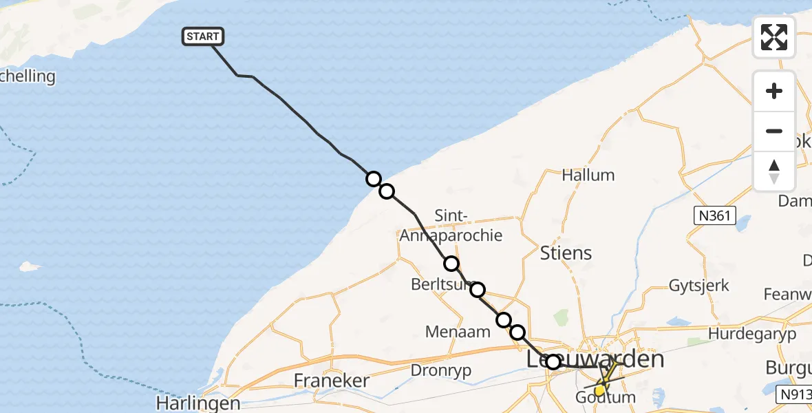 Routekaart van de vlucht: Ambulanceheli naar Leeuwarden, Borniastraat