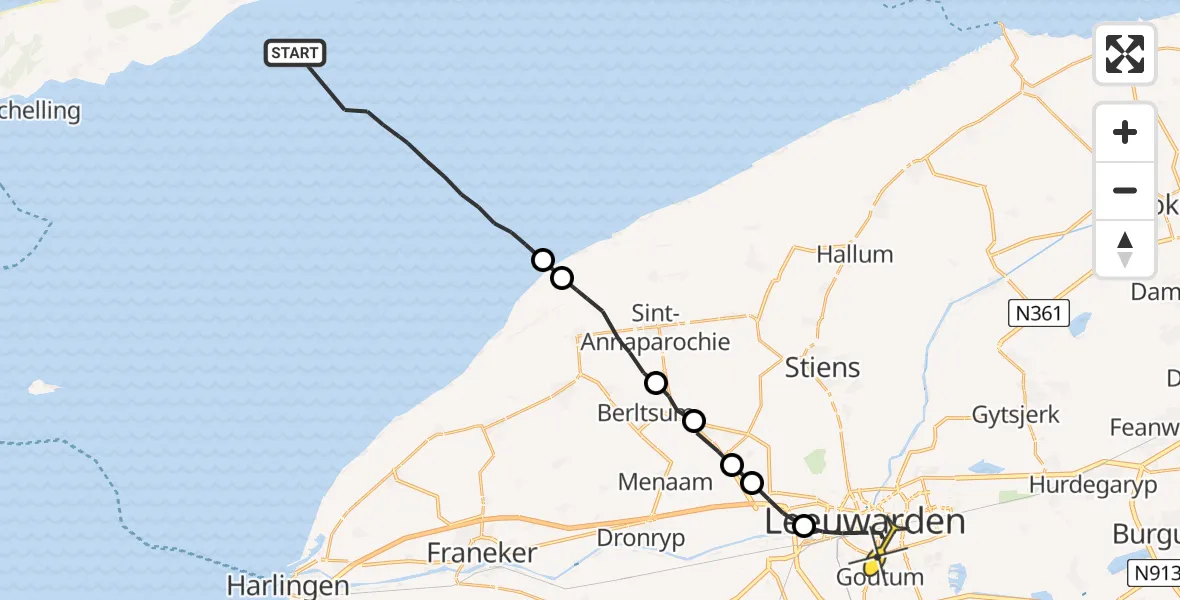Routekaart van de vlucht: Ambulancehelikopter naar Leeuwarden, Borniastraat