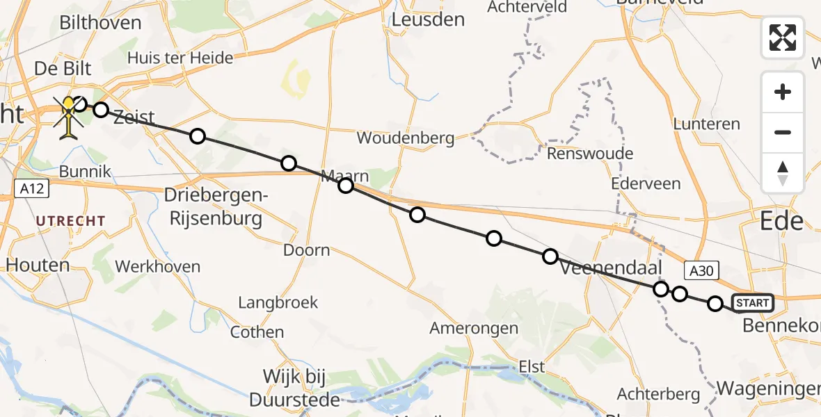 Routekaart van de vlucht: Lifeliner 3 naar Universitair Medisch Centrum Utrecht, Harnsesteeg