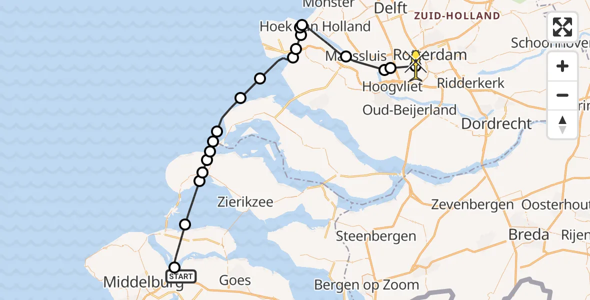 Routekaart van de vlucht: Kustwachthelikopter naar Rotterdam, Oranjeplaatweg