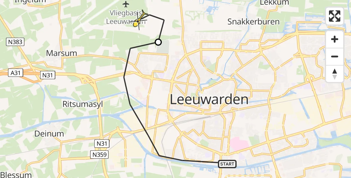 Vluchtroute Ambulancehelikopter van Leeuwarden naar Vliegbasis Leeuwarden