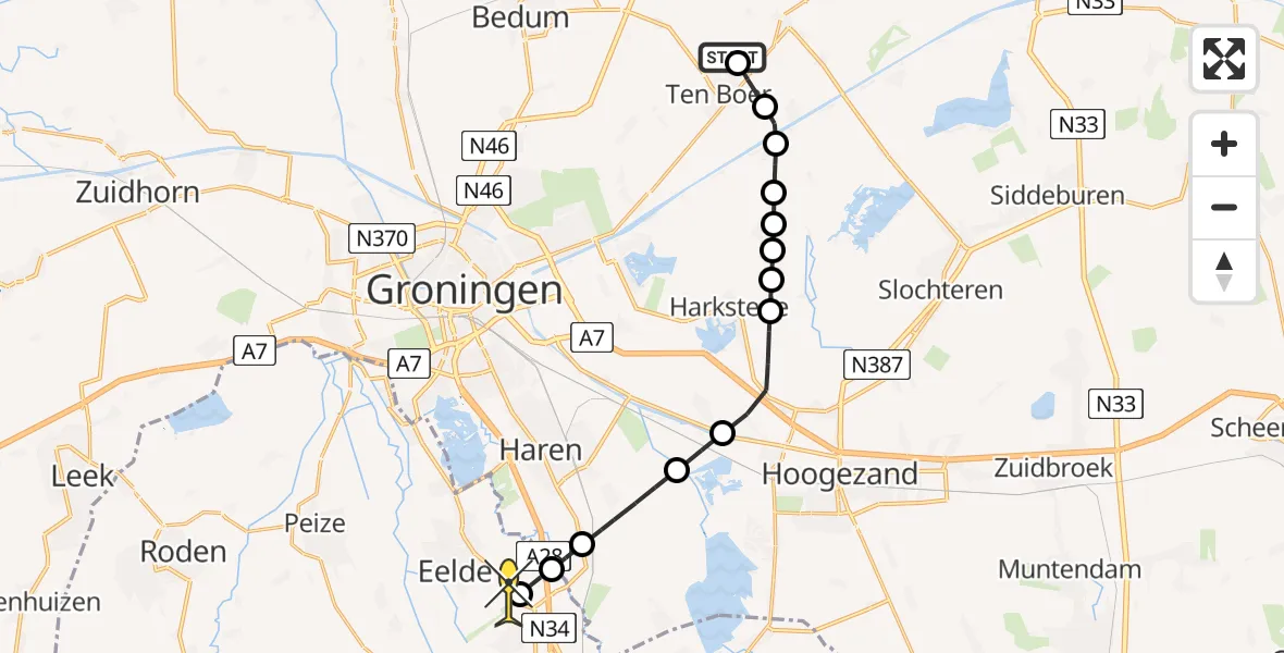 Routekaart van de vlucht: Lifeliner 4 naar Groningen Airport Eelde, Rijksweg