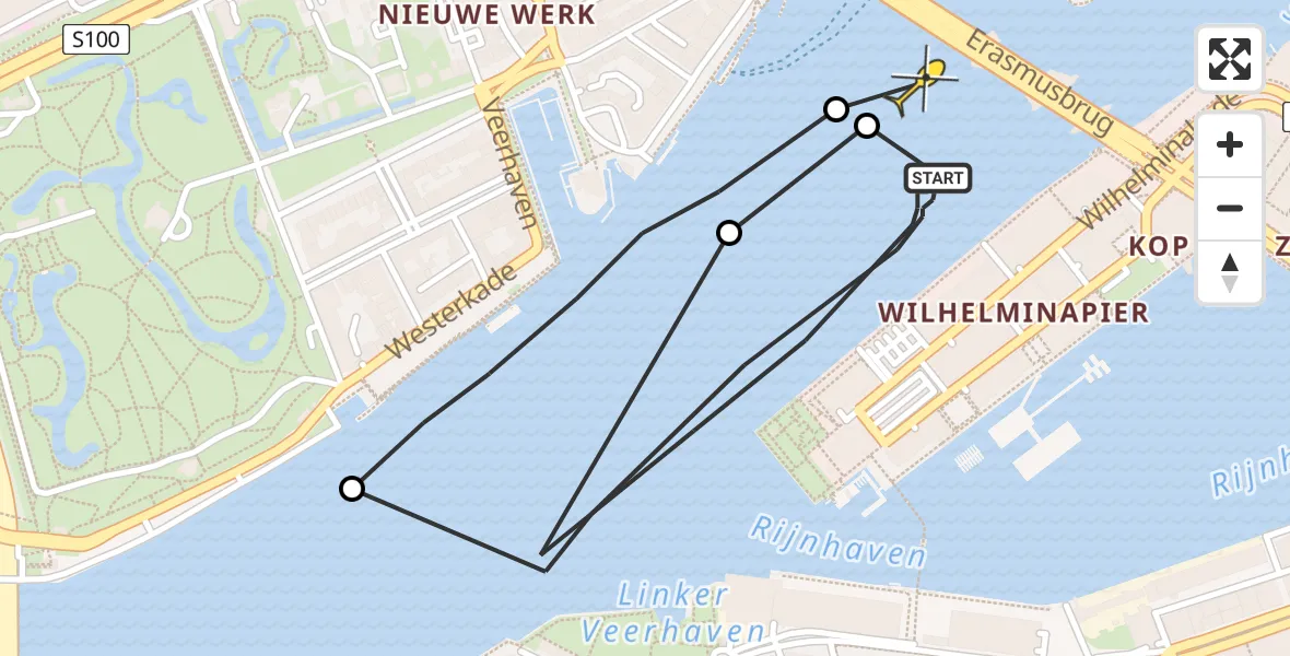 Routekaart van de vlucht: Kustwachthelikopter naar Rotterdam, Willemskade