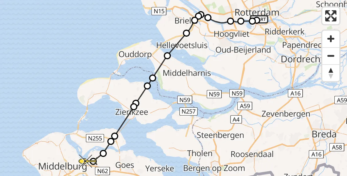 Routekaart van de vlucht: Kustwachthelikopter naar Vliegveld Midden-Zeeland, Nieuwe Maas