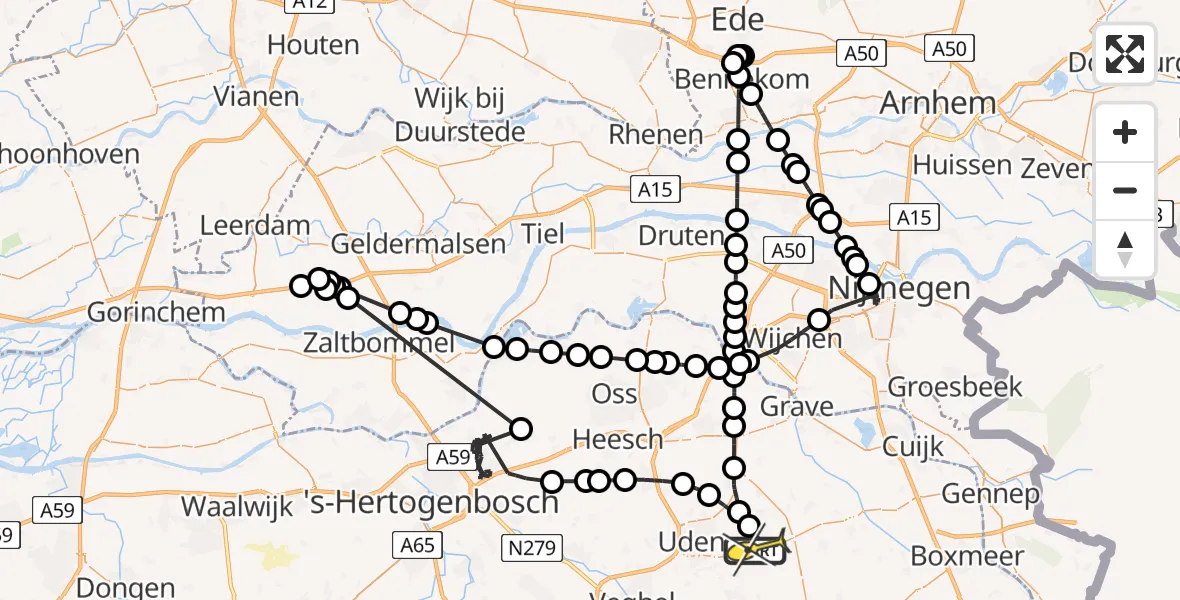 Routekaart van de vlucht: Politieheli naar Vliegbasis Volkel, Boekelsedijk