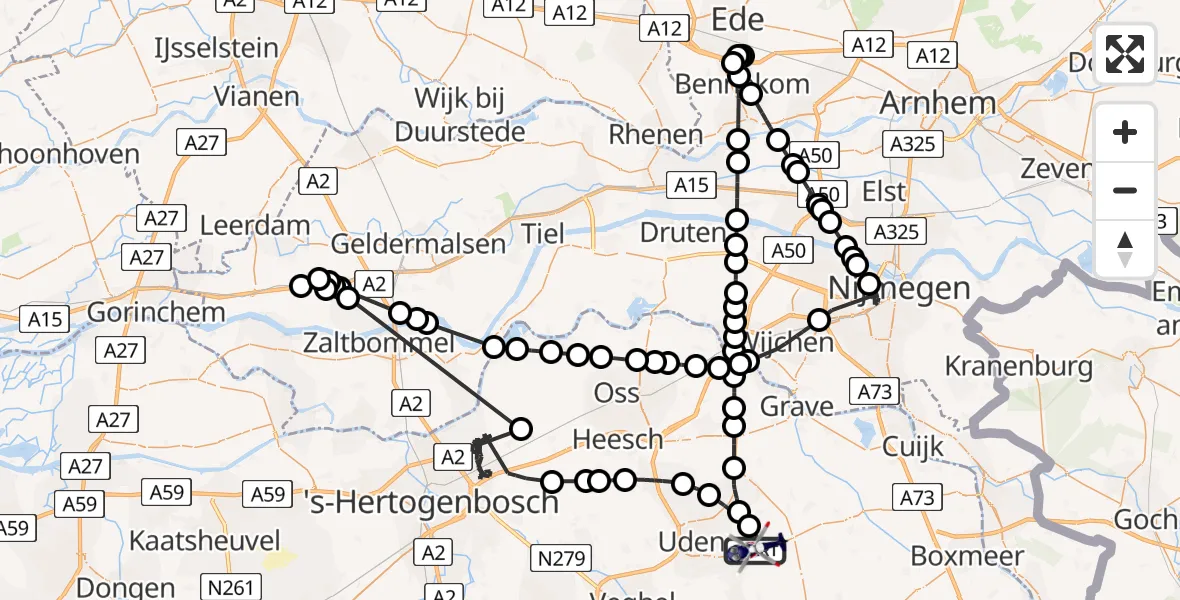 Vluchtroute Politiehelikopter van Vliegbasis Volkel naar Vliegbasis Volkel