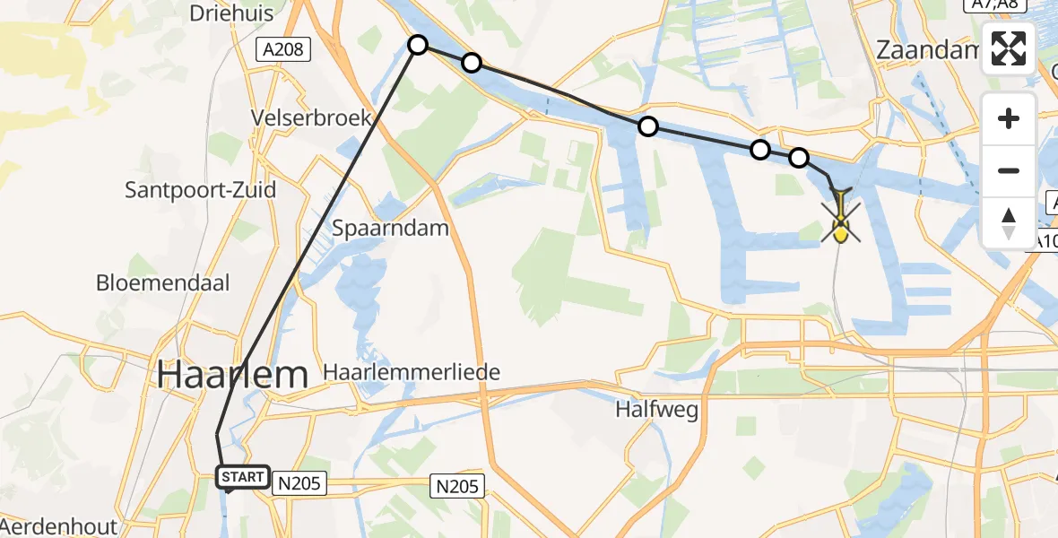 Routekaart van de vlucht: Lifeliner 1 naar Amsterdam Heliport, Friesepoort