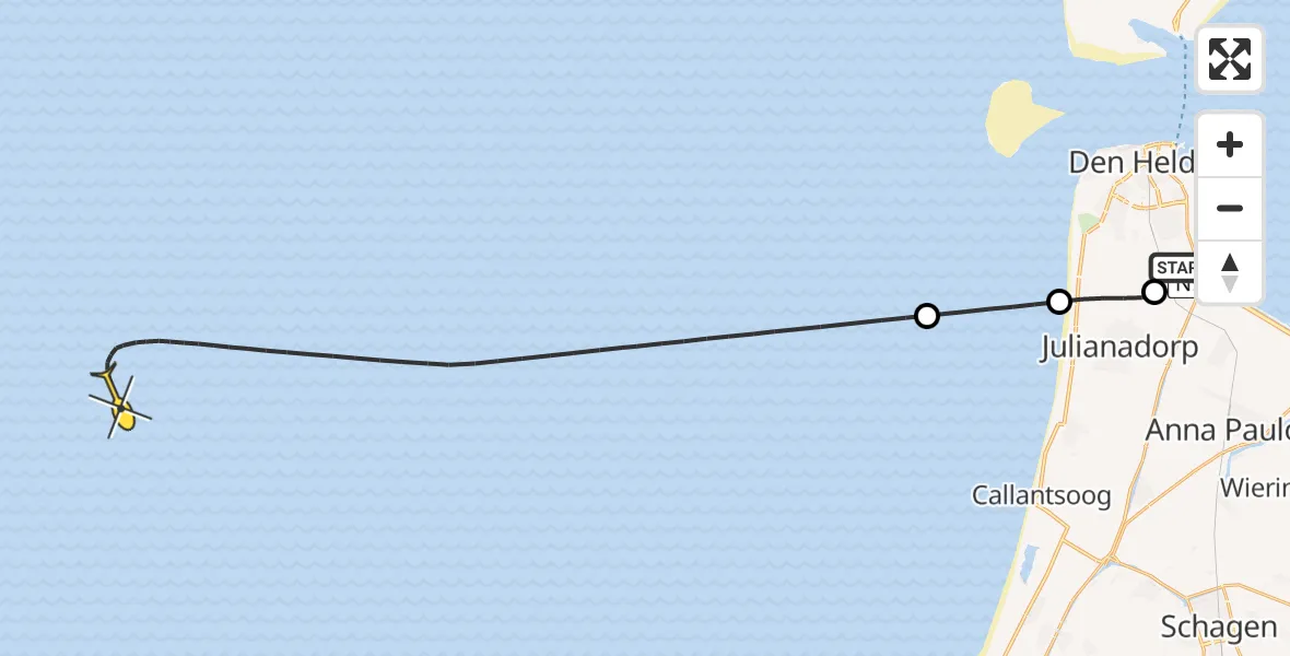 Routekaart van de vlucht: Kustwachthelikopter naar Kortevliet