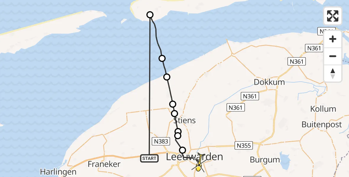 Routekaart van de vlucht: Ambulanceheli naar Leeuwarden, Jelmeraweg