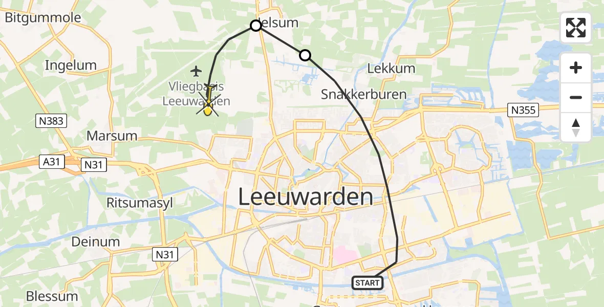 Routekaart van de vlucht: Ambulanceheli naar Vliegbasis Leeuwarden, Murkstraat