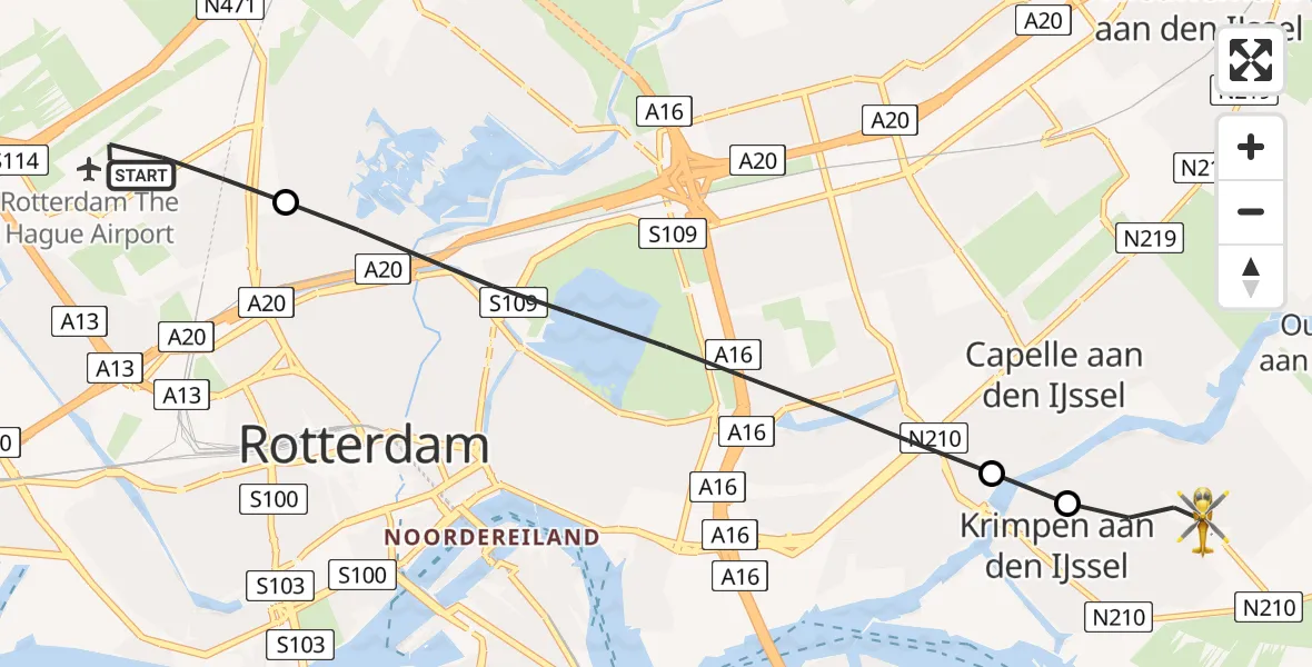 Vluchtroute Traumahelikopter van Rotterdam The Hague Airport naar Krimpen aan den IJssel