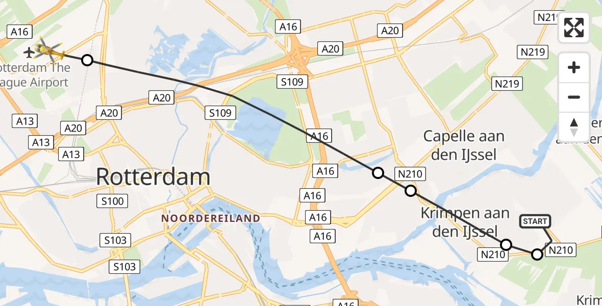 Vluchtroute Traumahelikopter van Krimpen aan den IJssel naar Rotterdam The Hague Airport