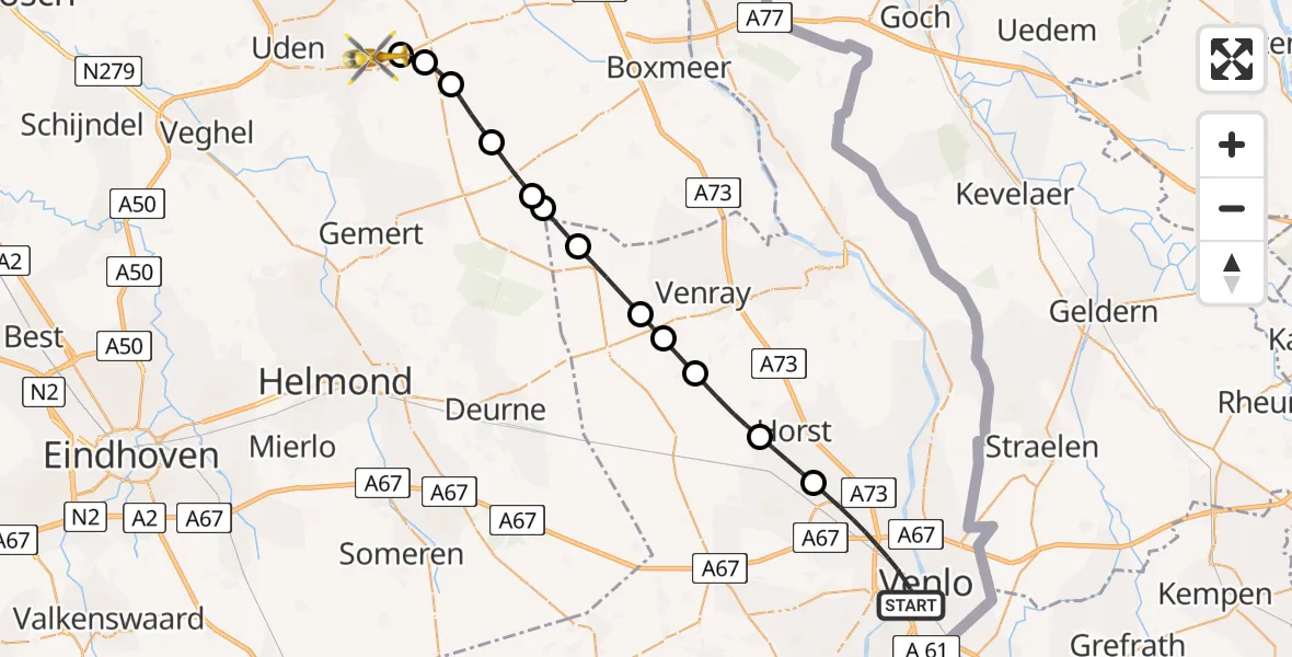 Vluchtroute Traumahelikopter Venlo - Vliegbasis Volkel, 09 september 2024, 07:10