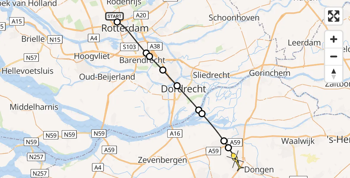 Routekaart van de vlucht: Lifeliner 2 naar Oosterhout, Landzichtstraat