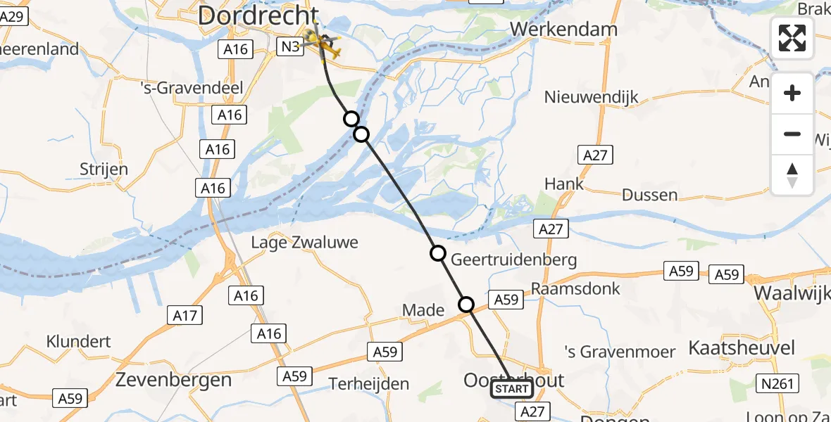 Vluchtroute Traumahelikopter Oosterhout - Dordrecht, 09 september 2024, 09:34