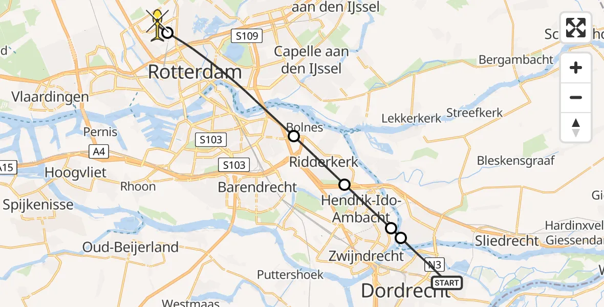 Routekaart van de vlucht: Lifeliner 2 naar Rotterdam The Hague Airport, Chico Mendesring