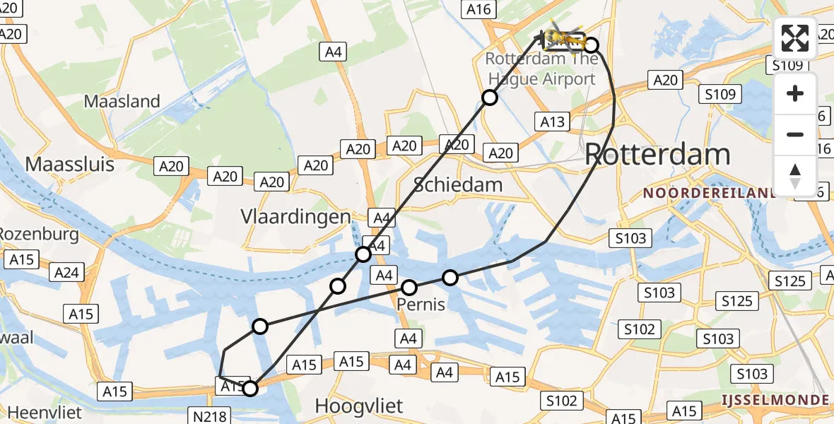 Vluchtroute Traumahelikopter van Rotterdam The Hague Airport naar Rotterdam The Hague Airport