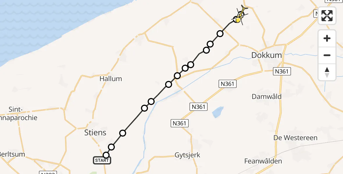 Routekaart van de vlucht: Ambulanceheli naar Hantum, De Joussen