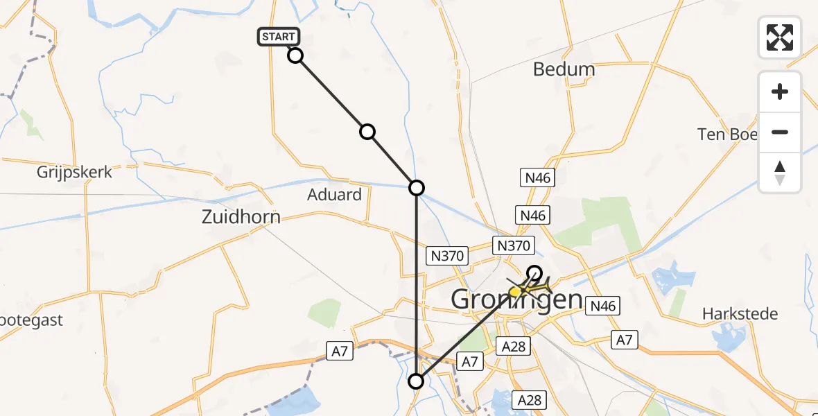 Routekaart van de vlucht: Ambulancehelikopter naar Universitair Medisch Centrum Groningen, van Swinderenweg