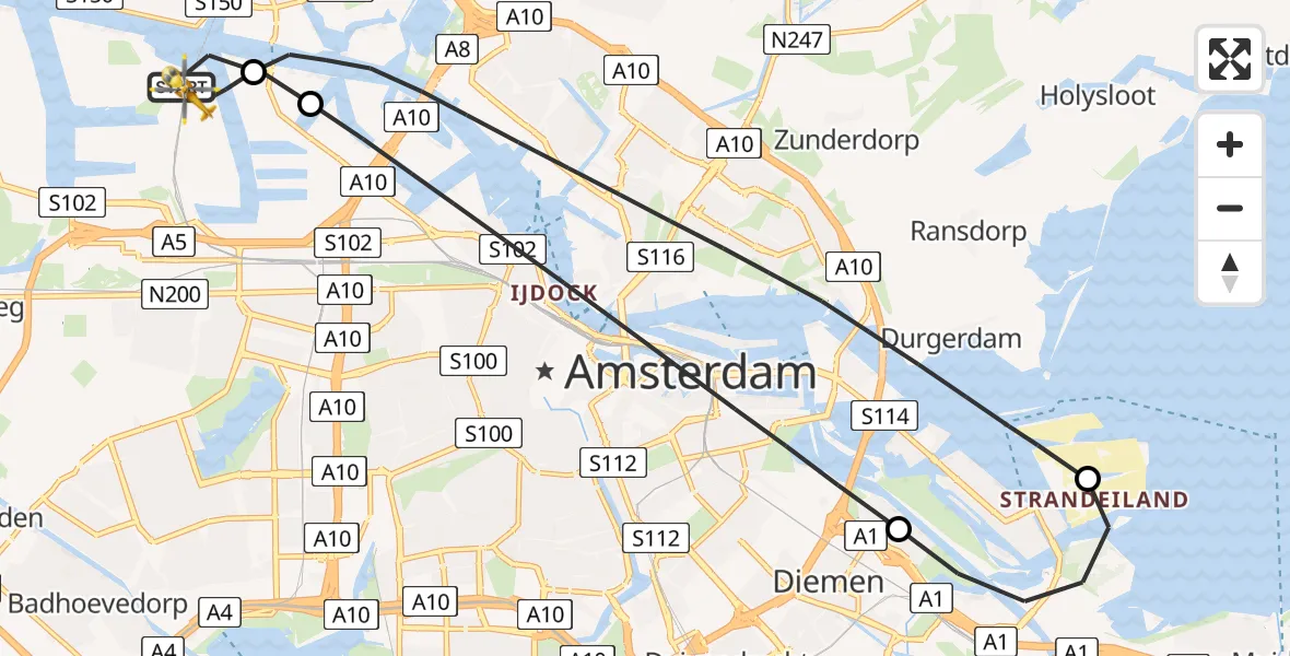 Vluchtroute Traumahelikopter van Amsterdam Heliport naar Amsterdam Heliport